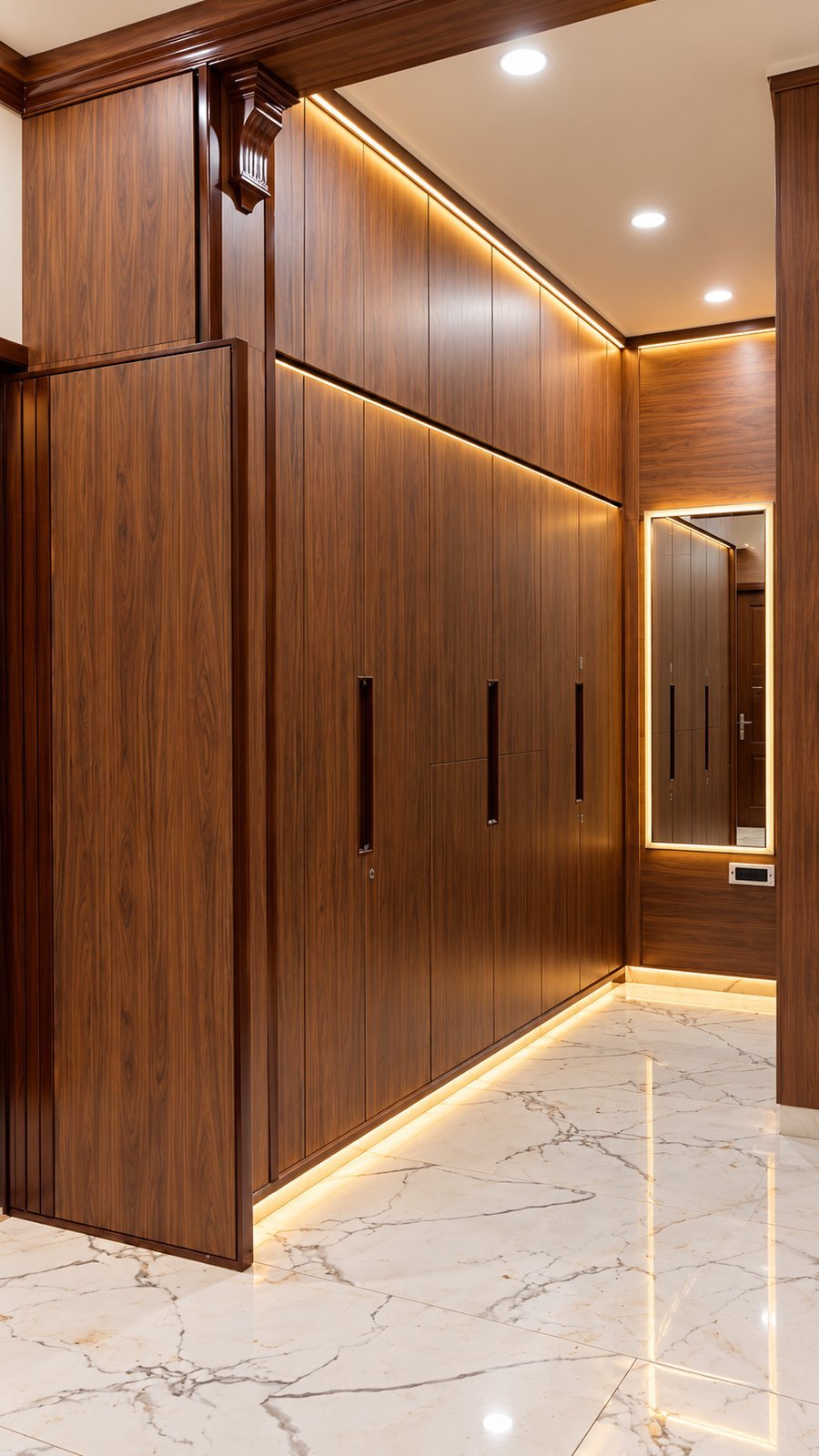 Walnut Floor-to-Ceiling Wardrobe with LED Plinth by Bosk Furniture, Bhavnagar