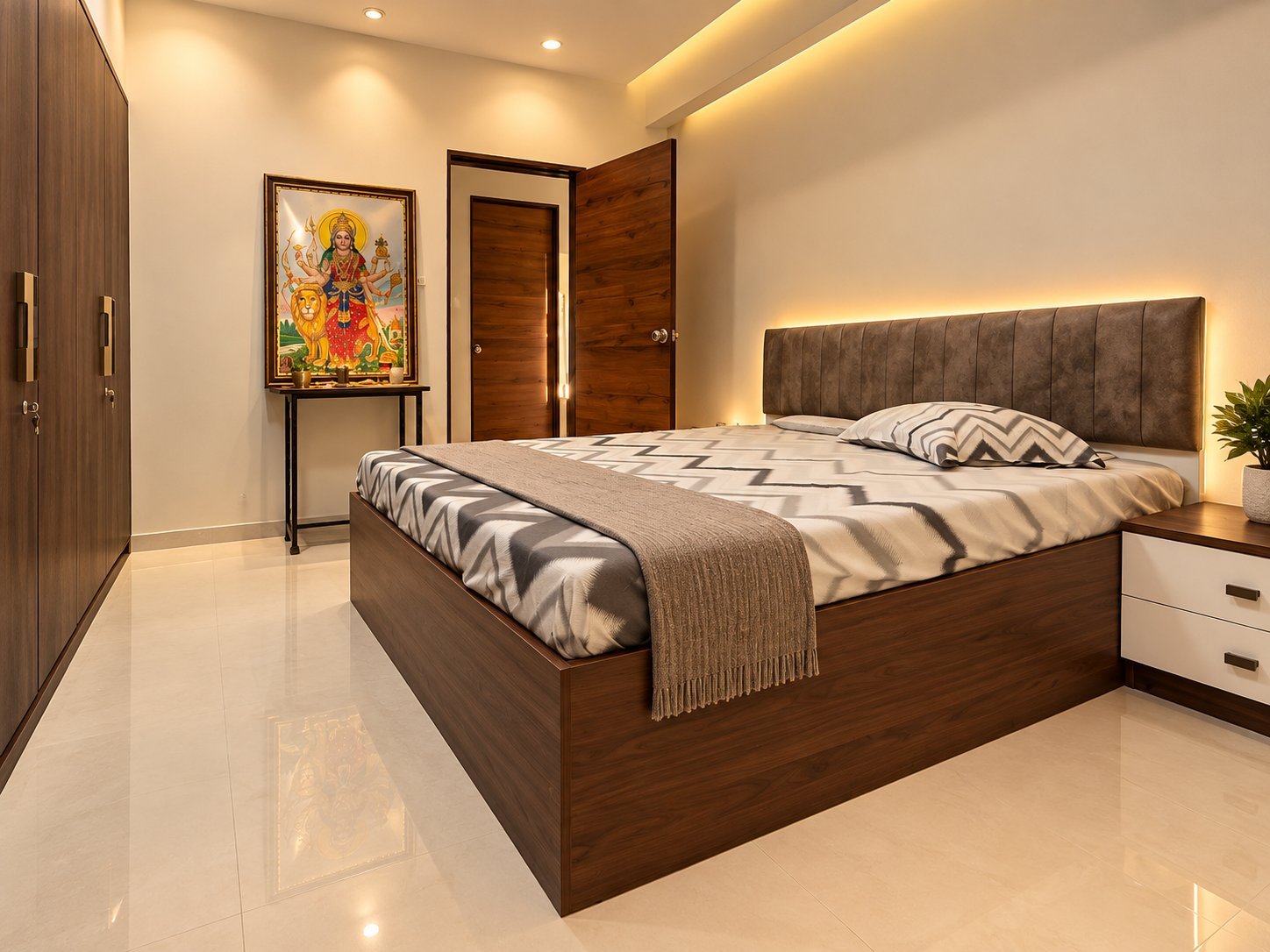 Walnut Box Storage Bed with Tufted Headboard by Bosk Furniture, Bhavnagar