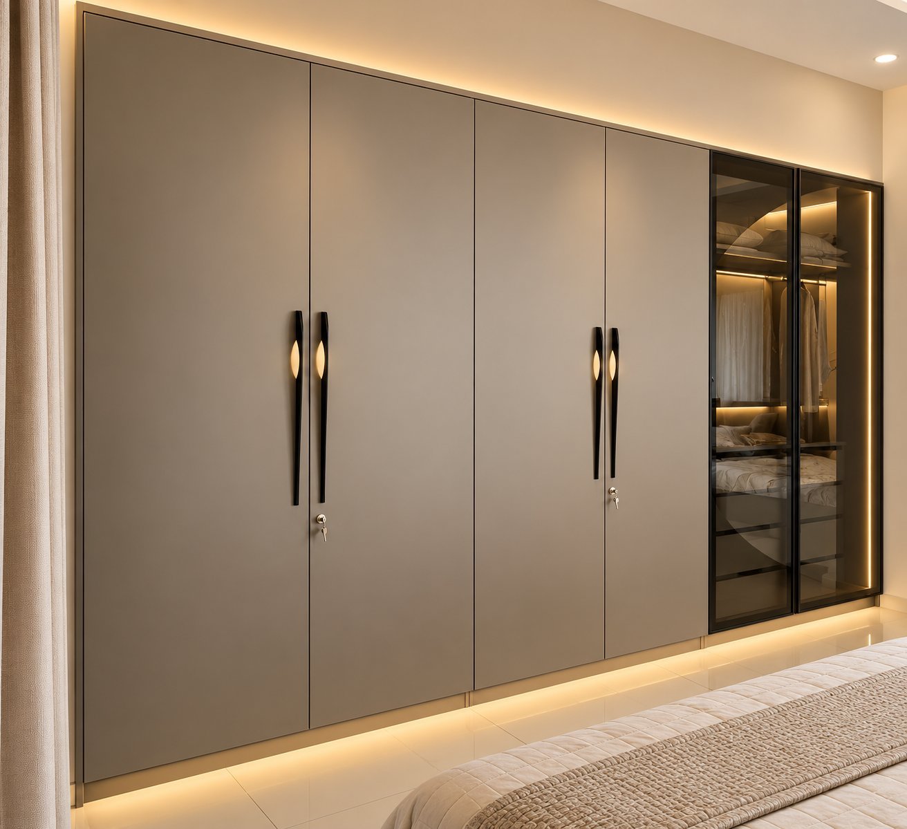 Grey Matte Wardrobe with Smoked-Glass Shutter by Bosk Furniture, Bhavnagar
