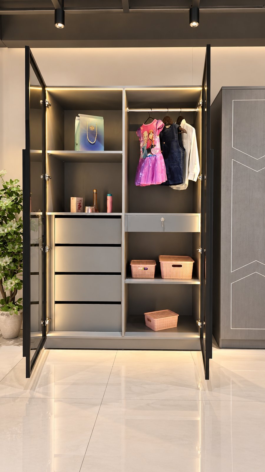 Glass-Door Wardrobe with Organised Interior by Bosk Furniture, Bhavnagar