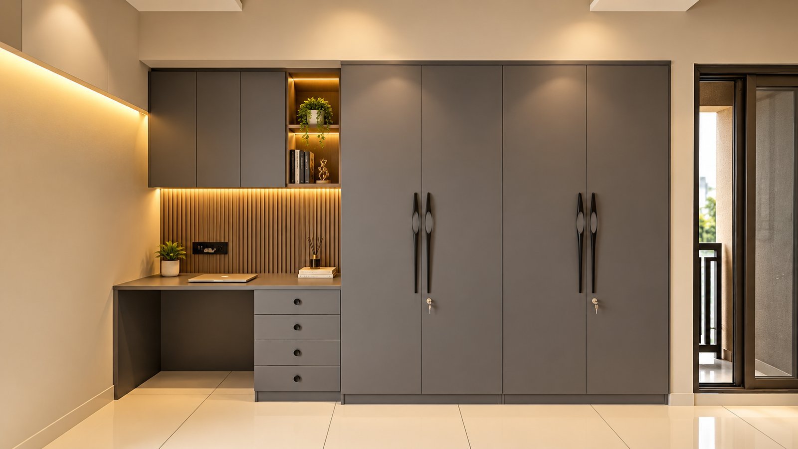 Grey Matte Wardrobe with Study Unit by Bosk Furniture, Bhavnagar
