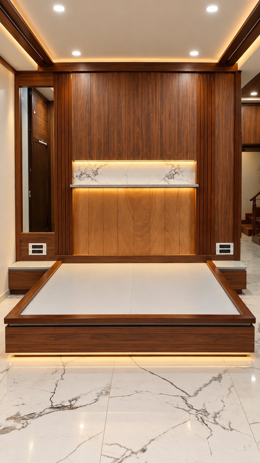 Walnut Platform Bed with Marble Ledge Headboard Wall by Bosk Furniture, Bhavnagar