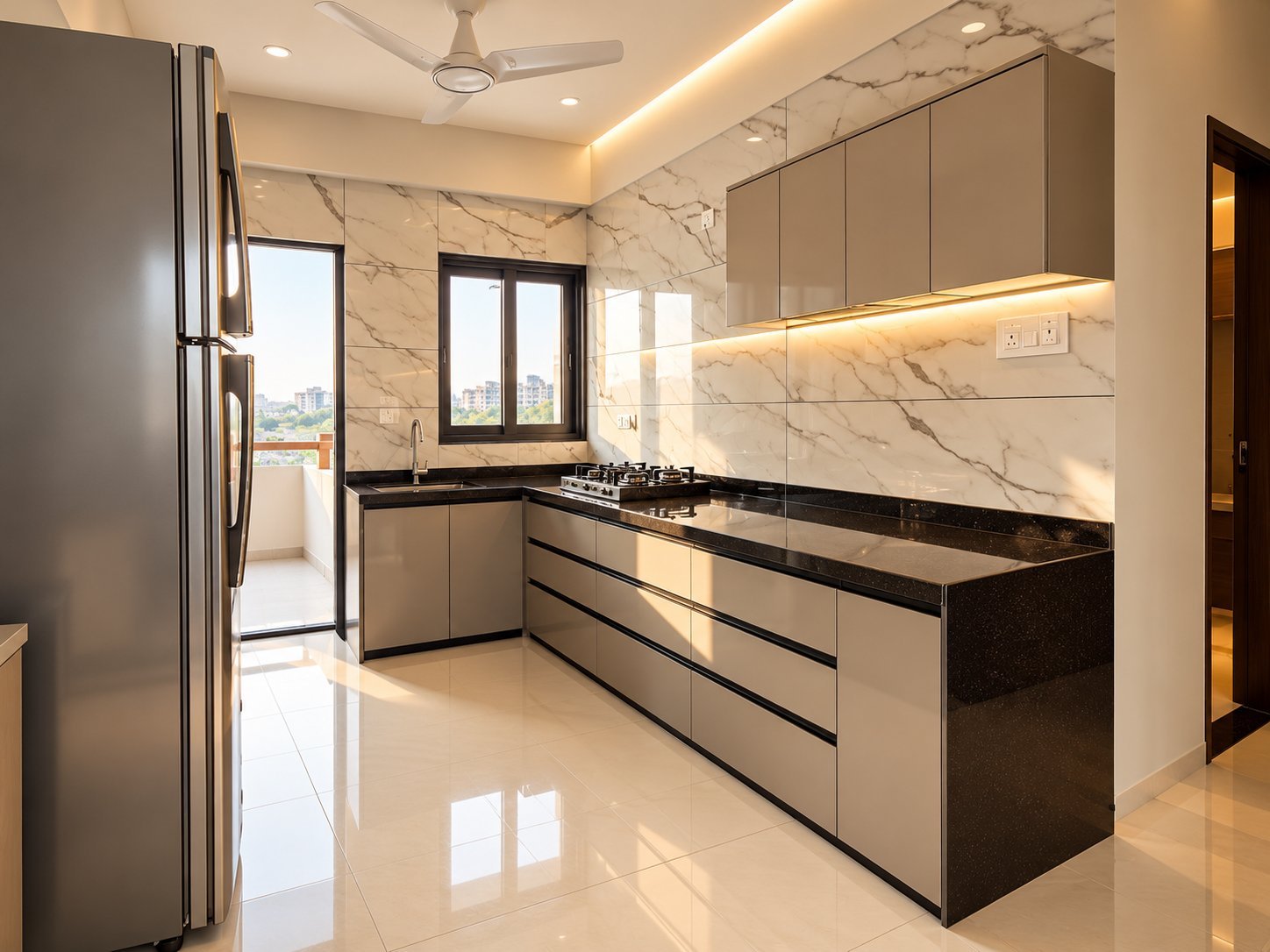 Grey L-Shaped Kitchen with Black Granite Counter by Bosk Furniture, Bhavnagar