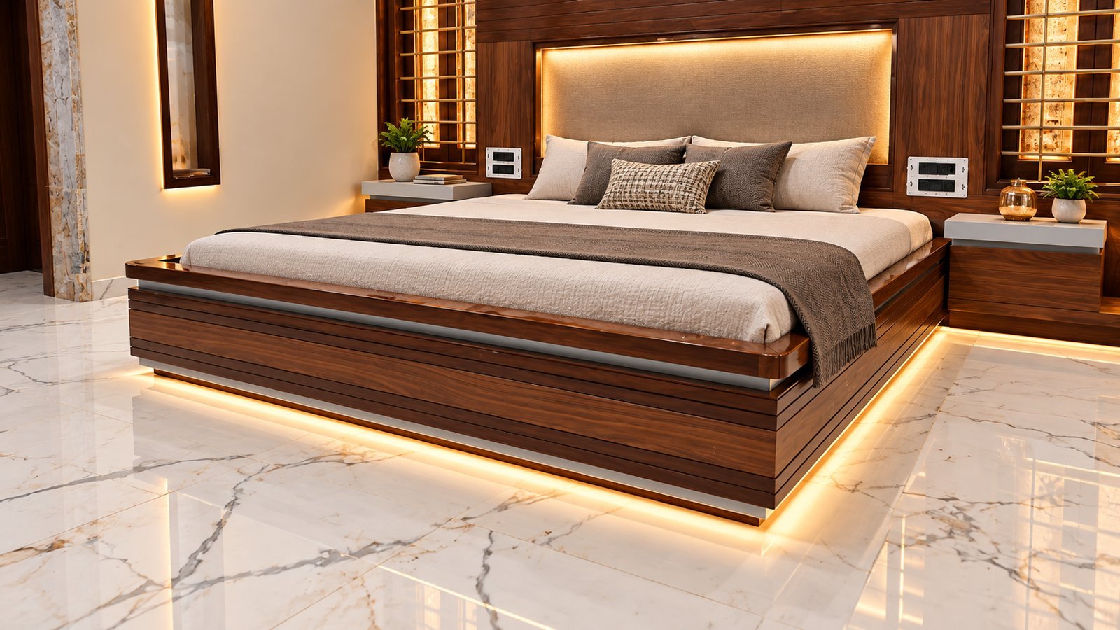 Walnut Platform Bed with Backlit Headboard by Bosk Furniture, Bhavnagar