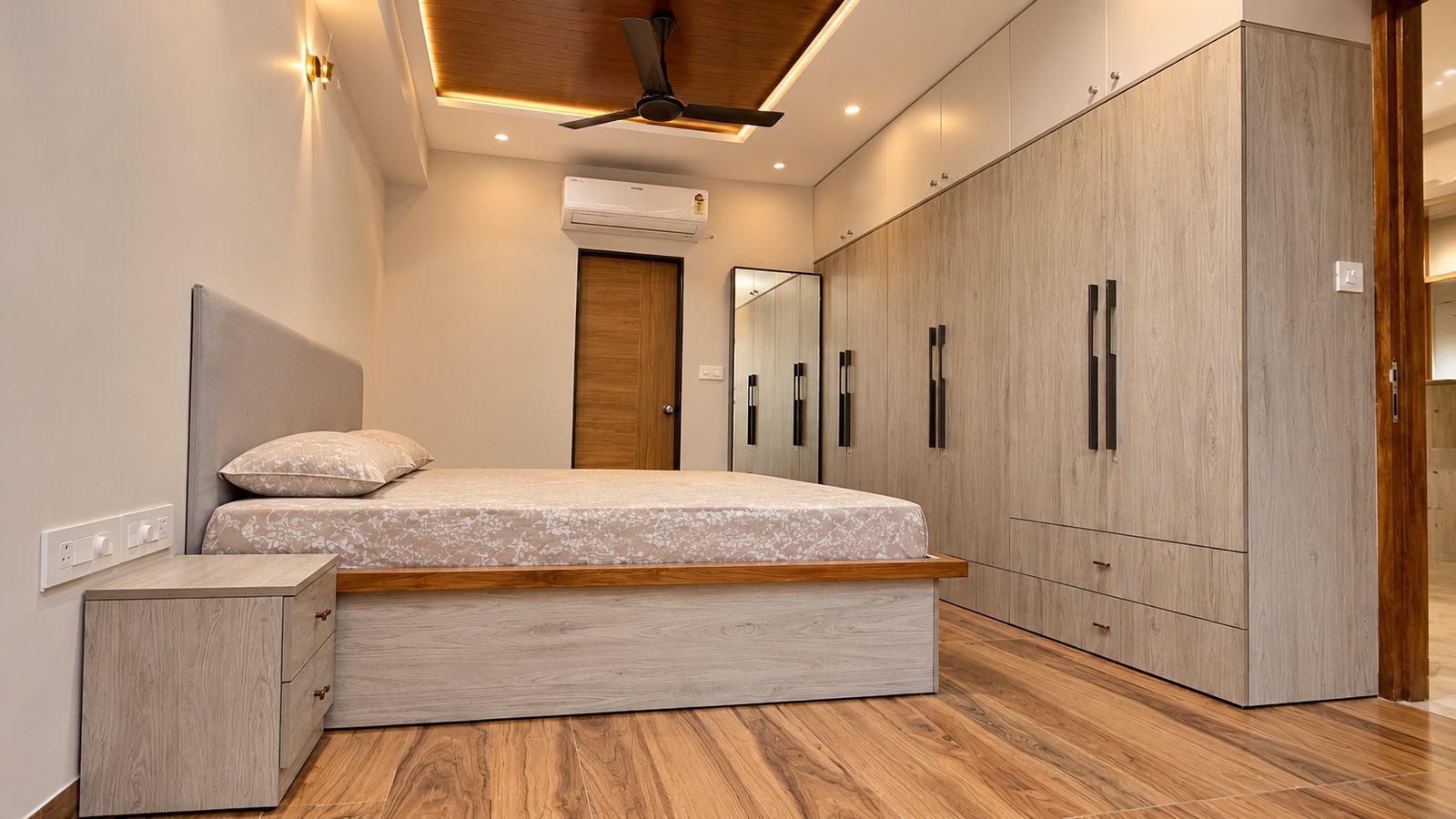 Oak Storage Bed with Grey Upholstered Headboard by Bosk Furniture, Bhavnagar
