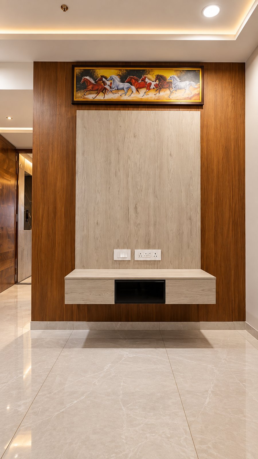 Walnut Panelled TV Wall with Floating Console by Bosk Furniture, Bhavnagar