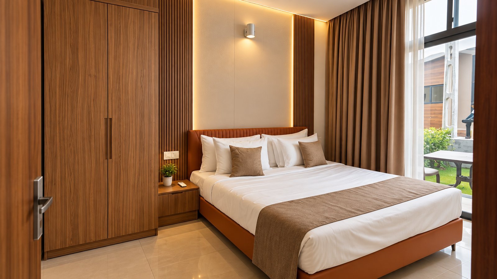 Tan Leatherette Bed with Fluted Walnut Backdrop by Bosk Furniture, Bhavnagar