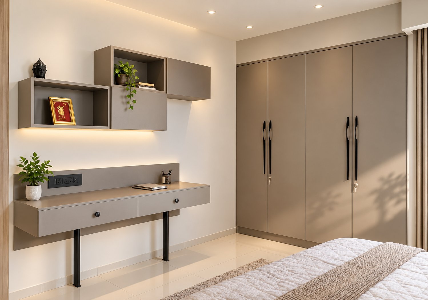 Grey Wardrobe with Floating Study Desk by Bosk Furniture, Bhavnagar