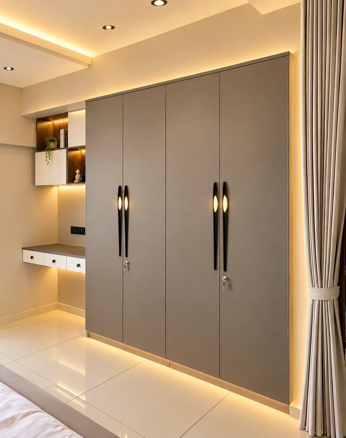 Grey Matte Wardrobe with White Study Niche by Bosk Furniture, Bhavnagar