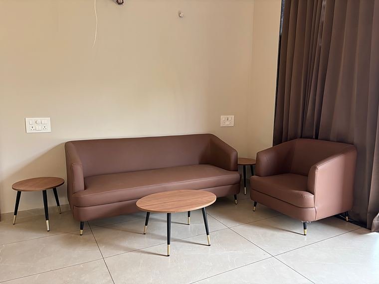 Living room set: mocha leatherette sofa, tub armchair, coffee table and side tables - Iskon Valukad - Cottage Interiors by Bosk Furniture